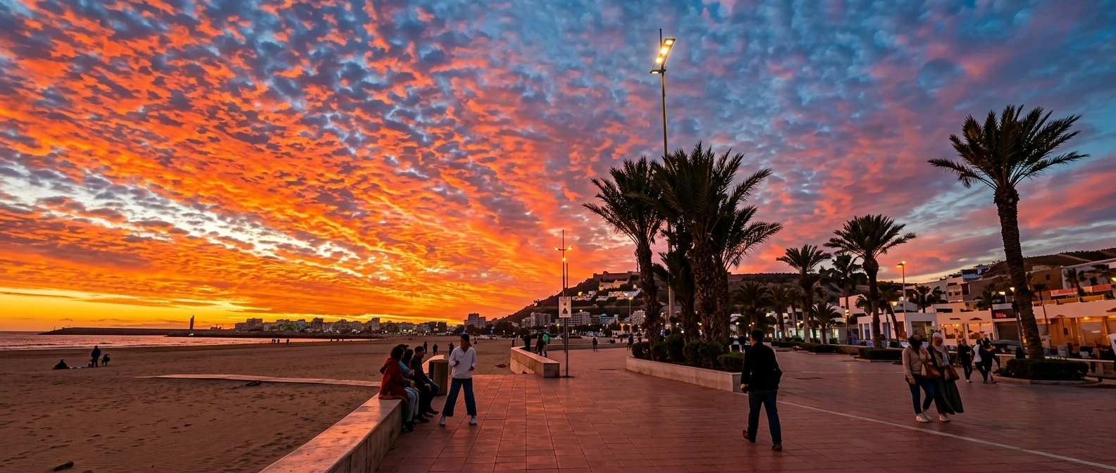 Agadir marina restaurants and beach promenade at sunset