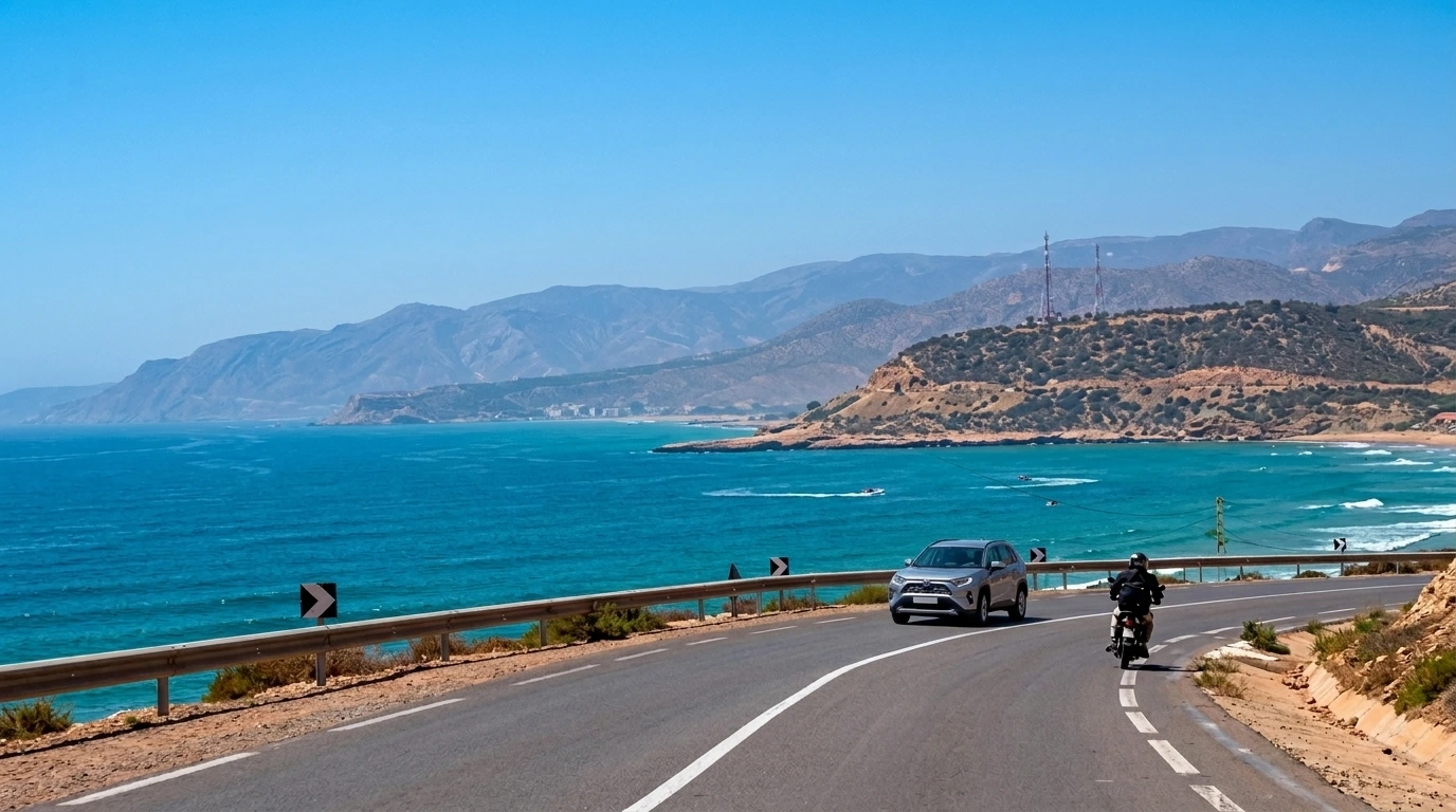 Taghazout to Agadir coastal road and Atlantic Ocean scenery