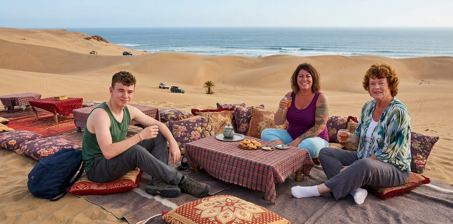 tea pause in agadir dunes overlooking the coast