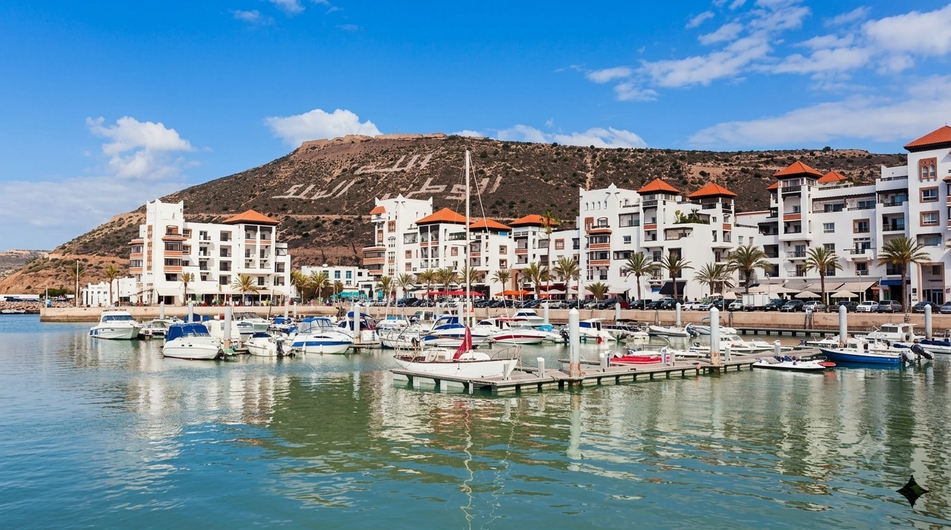 Agadir marina restaurants and yachts waterfront view