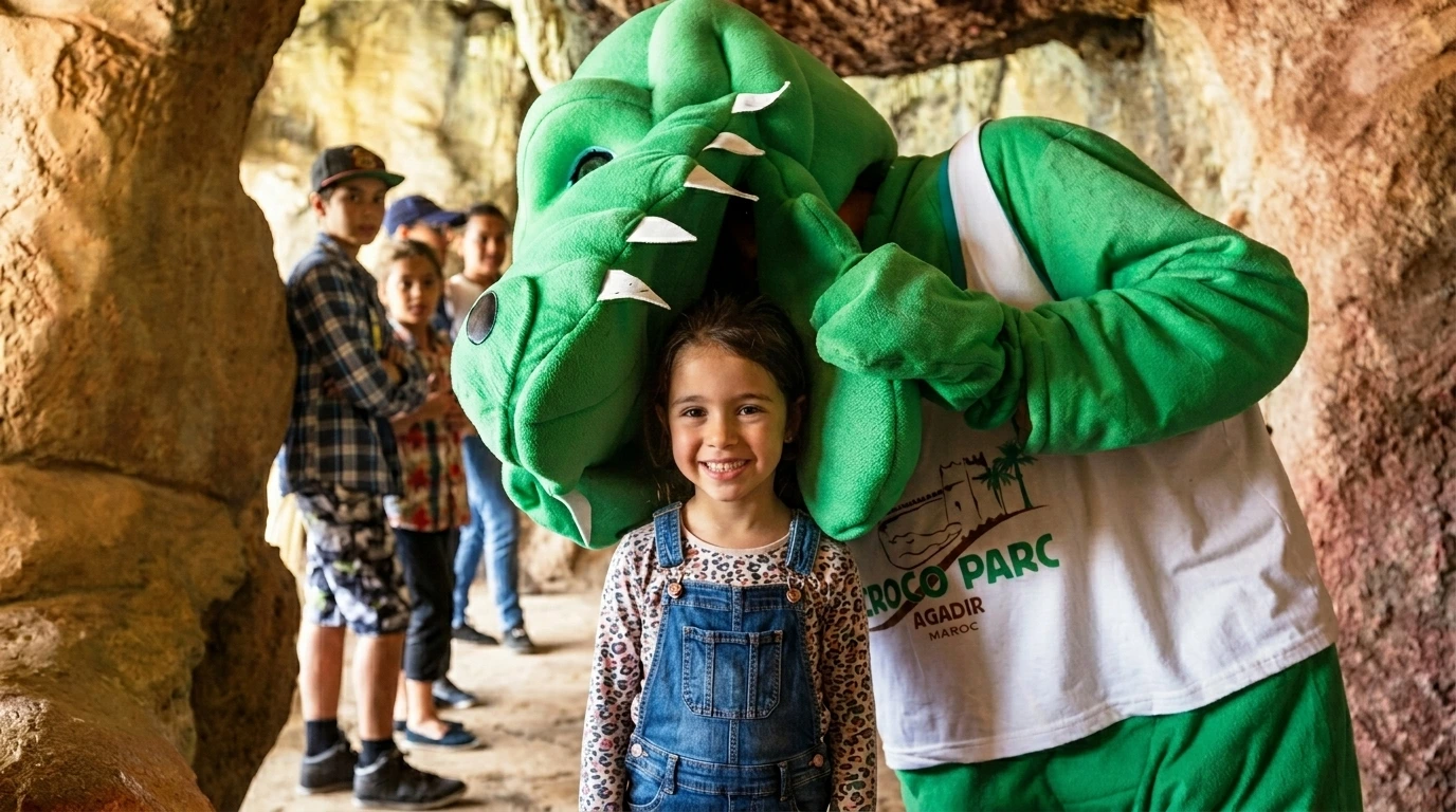 Children visiting Crocoparc Agadir with crocodile exhibits