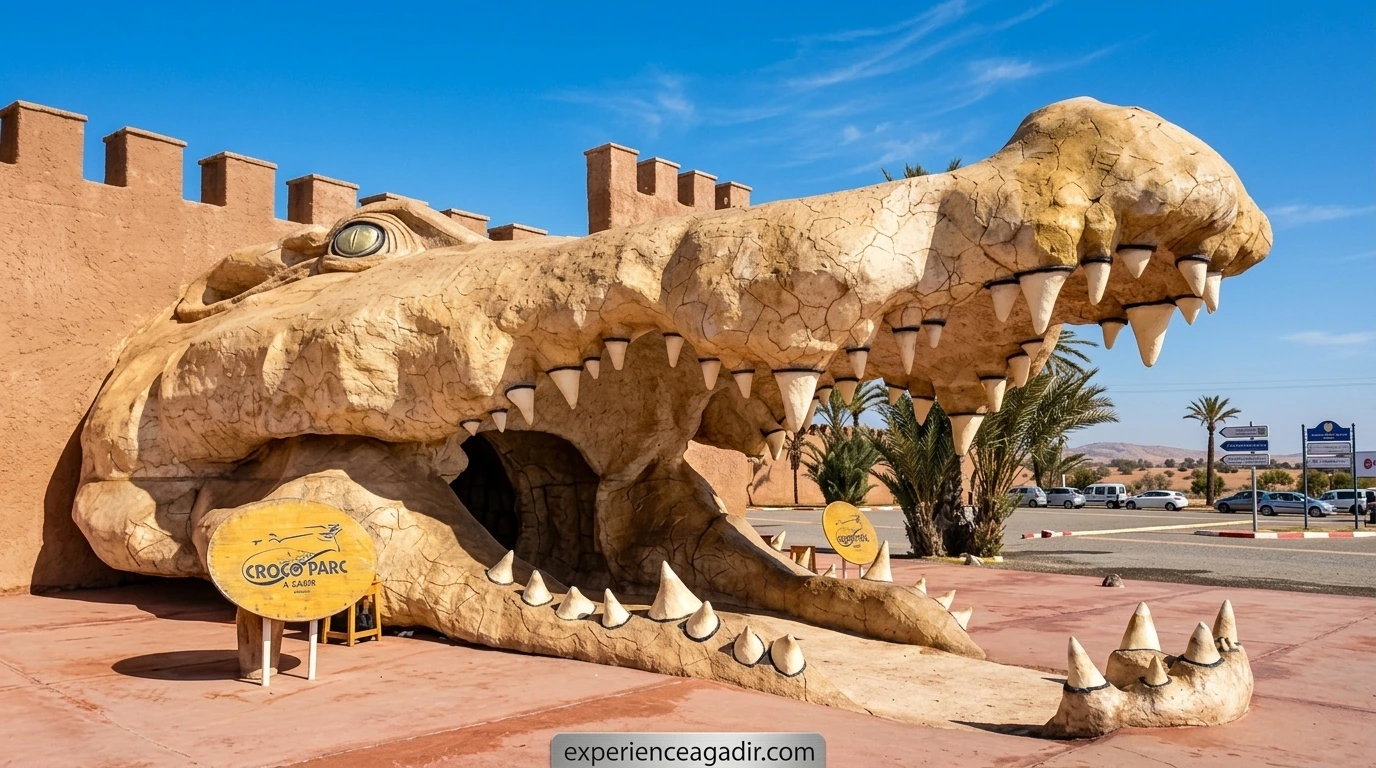 Crocoparc Agadir entrance and crocodile park atmosphere