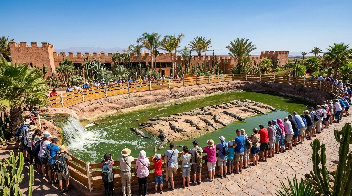 Families visiting Crocoparc Agadir botanical gardens and crocodiles