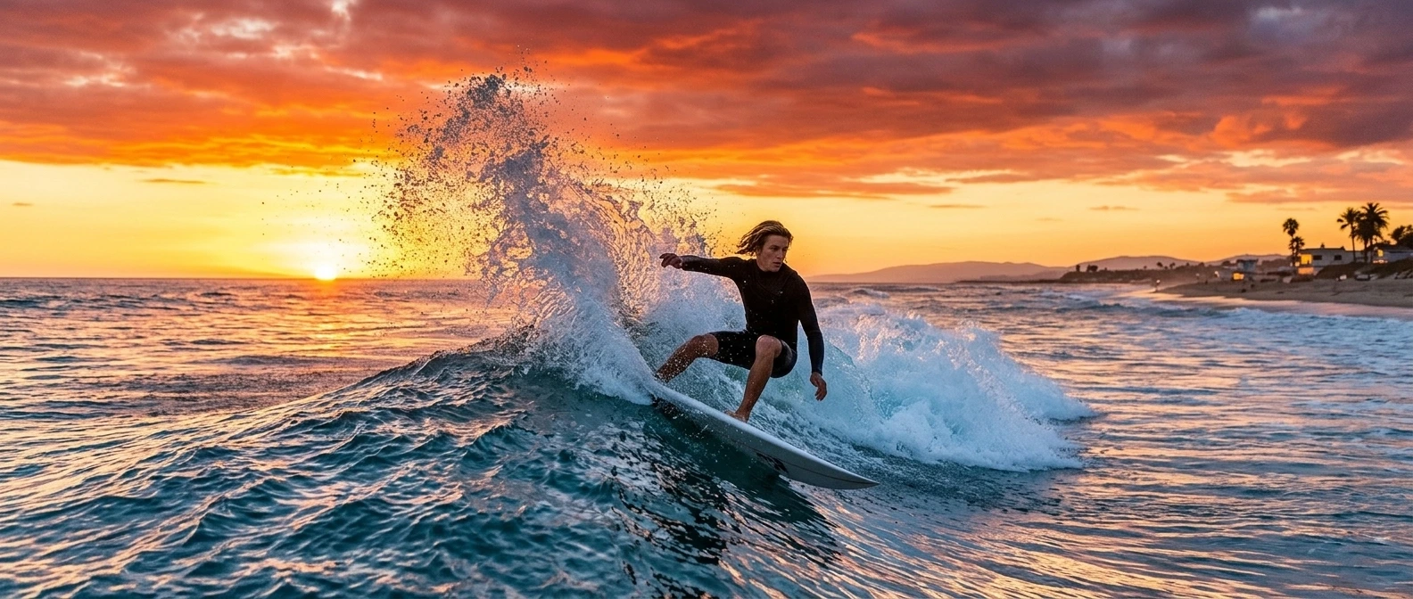 Surfing in Agadir Morocco waves and surfers at sunset