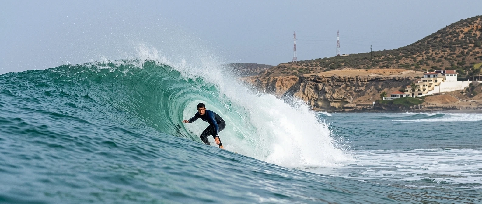 Taghazout surf beach Morocco with surfers and waves
