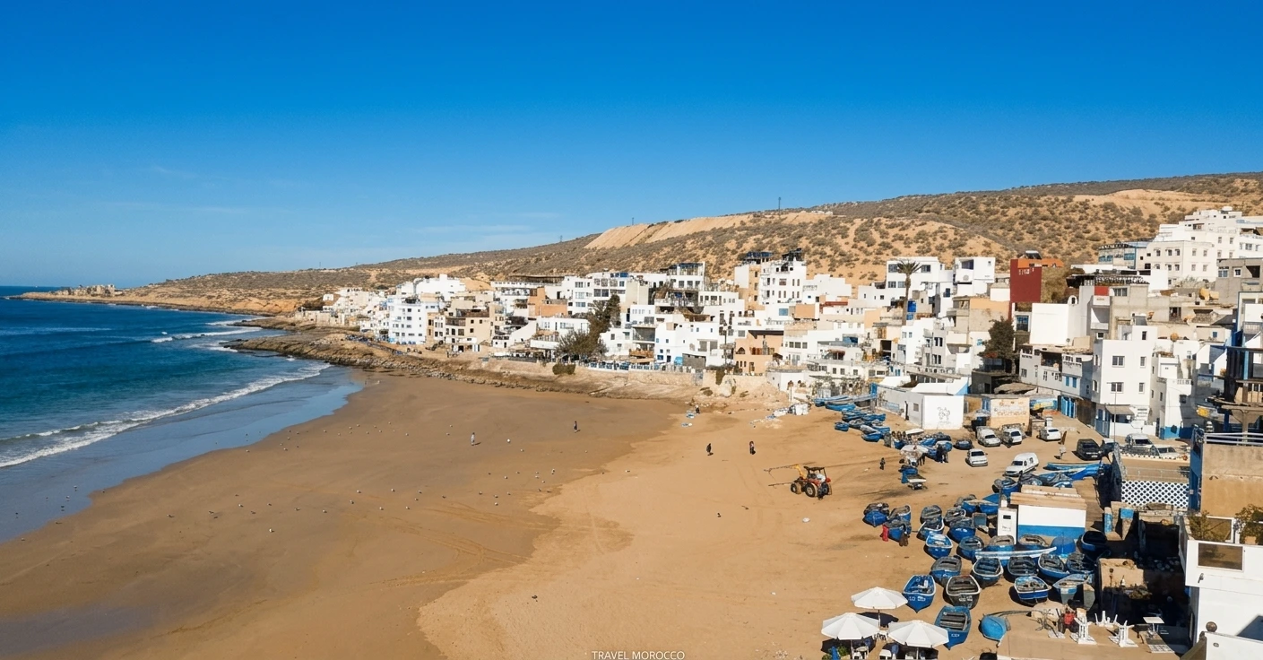 Taghazout weather sunny beach and surf village ocean view