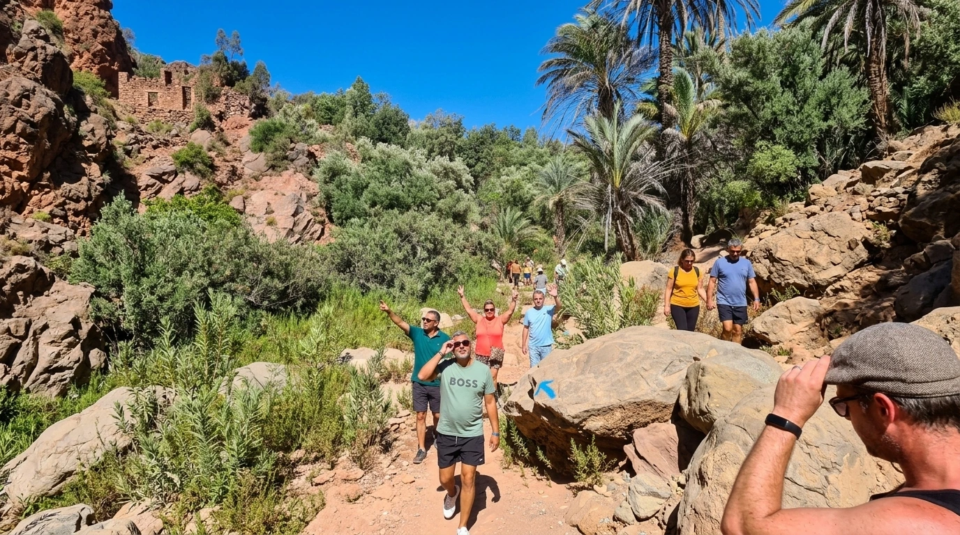 Guided Paradise Valley tour from Agadir travelers hiking near pools