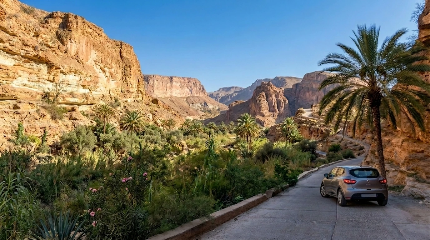 Rental car driving through Paradise Valley road from Agadir