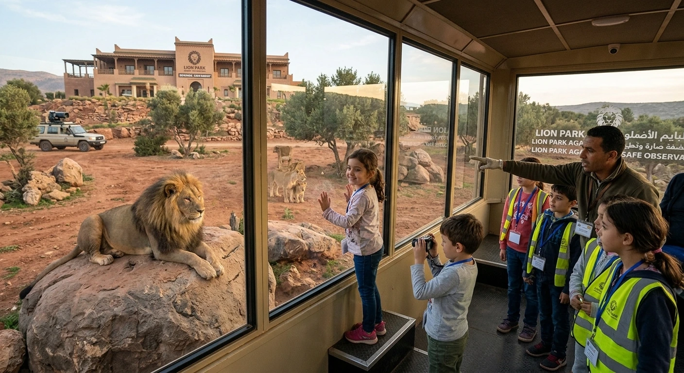 Children safely observing animals at Lion Park Agadir