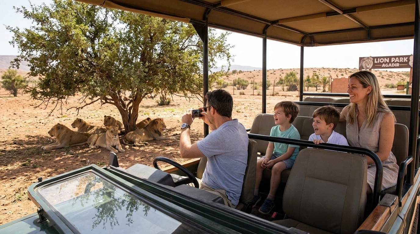 Family visiting Lion Park Agadir safari attraction